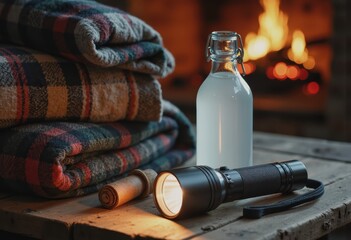 Winter emergency preparedness kit with flashlight, blankets, and water bottle