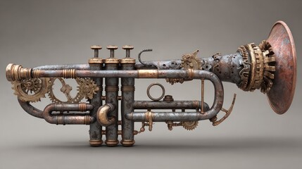 Steampunk trumpet, intricate gears & pipes