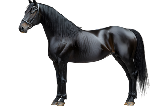 The powerful black sport horse standing isolated on white background, side view