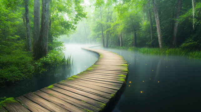 A wooden boardwalk meandering through a misty bayou. Fireflies glowing faintly.