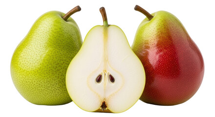 Isolated Three Pears: Green, Red, and Halved