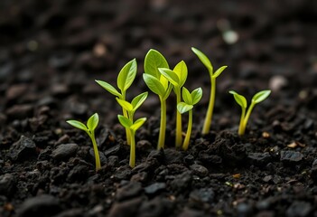 Vibrant green seedlings emerge from dark, fertile soil, agriculture, leaves