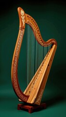 Obraz premium Elegant wooden harp with intricate carvings and numerous sts, showcasing detailed craftsmanship and traditional musical instrument design against a dark green background