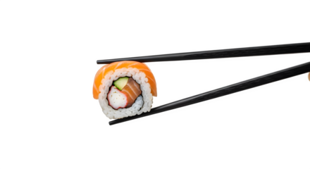 Sushi roll held by chopsticks against a dark background view    .ai generative, transparent background, white background. isolated on white background