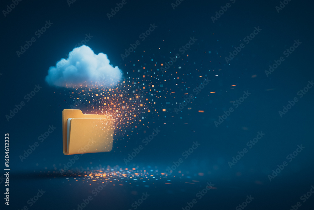 Poster cloud data transfer: a surreal depiction of a data file folder, disintegrating into the cloud, again