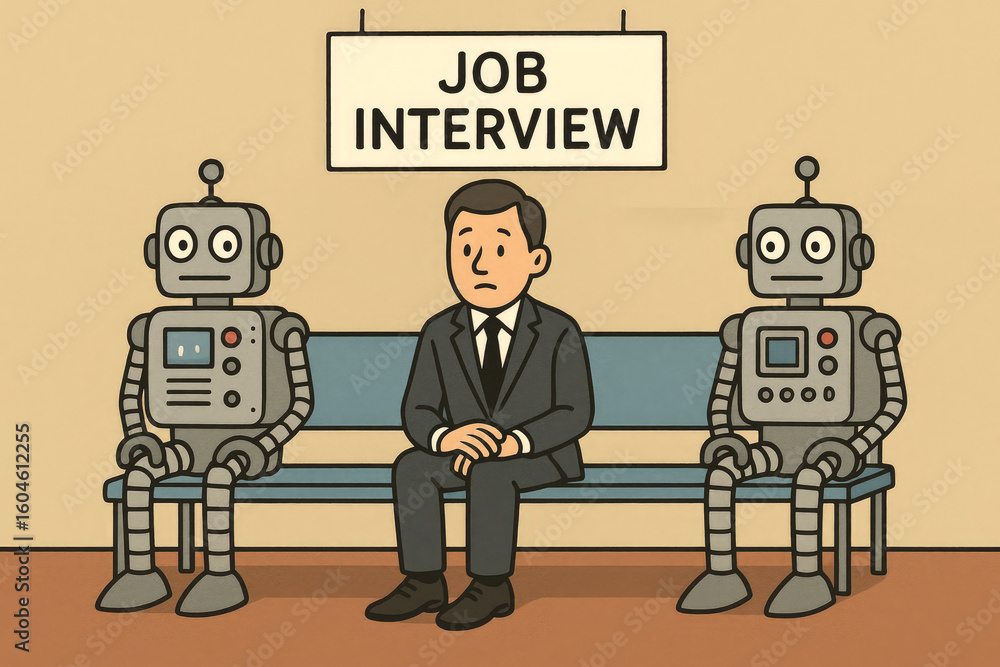 Poster man and robots waiting for job interview bench