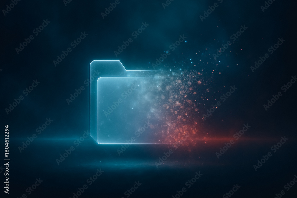 Poster data integrity: a digitally rendered image of a glowing data folder undergoing a transformation. cap