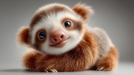 Close up portrait of a cute fluffy sloth with an inquisitive and friendly facial expression against a plain background