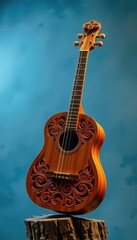 Elegant carved wooden acoustic guitar with intricate swirl patterns standing on a weathered wooden post against a vibrant blue sky background for music and art themed imagery