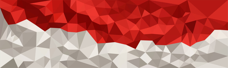An abstract low-poly illustration of the Indonesian flag with geometric red and white triangles, creating a modern and faceted visual effect.

