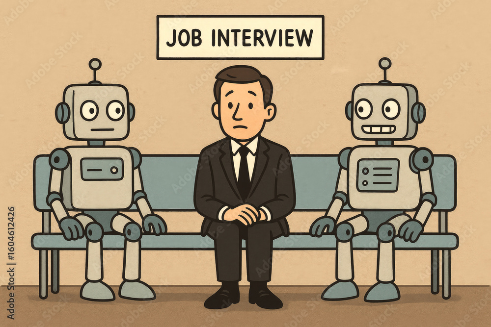 Poster man and robots waiting for job interview bench
