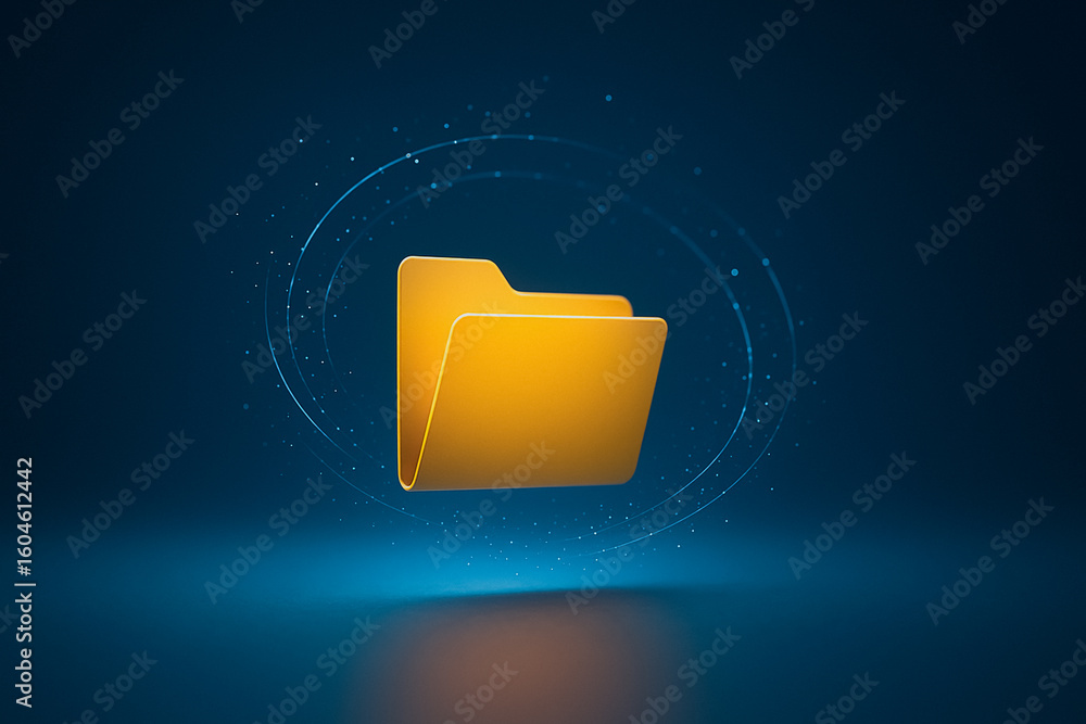 Poster digital information archive: a radiant digital file folder, enveloped in a luminous aura, symbolizin