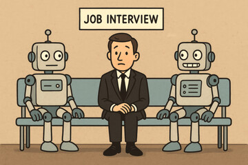 Man and robots waiting for job interview bench