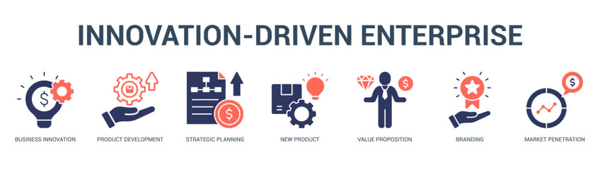 Obraz premium InnovationDriven Enterprise Modern and clean web banner illustration featuring thematic icons for visual communication