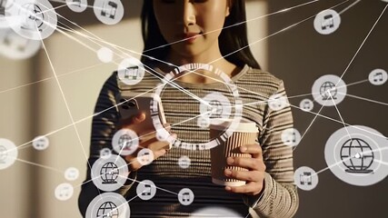 Young Woman Holding Coffee Cup Using Mobile Phone with Glowing Network Icons in a Sunlit Room - Powered by Adobe