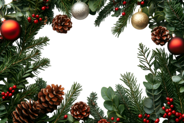 Thuja branches with Christmas decorations, flat lay isolated on white background