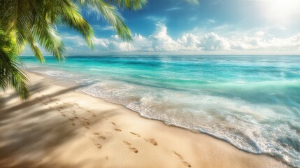 The serene beach with gentle waves and palm trees in a tropical paradise.