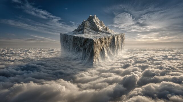 Mountain cube floats above clouds - Powered by Adobe