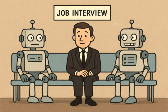 Man and robots waiting for job interview bench