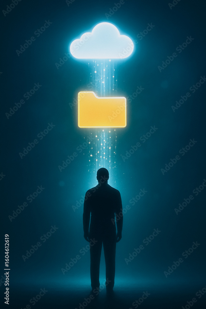 Poster digital data synchronization: a single silhouette looks upwards towards data and cloud integration, 