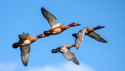 Fototapeta premium Three ducks in flight against a vibrant blue sky