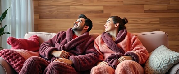 Cozy couple in plush bathrobes relaxing on a sofa, comfortable, serenity