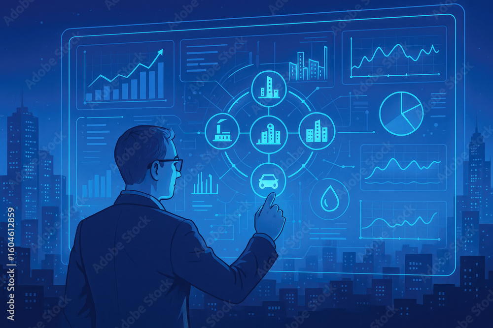 Poster man interacting with futuristic city data interface technology