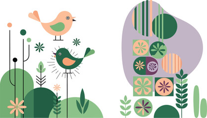 Vector illustration of birds and floral elements in a decorative flat design style
