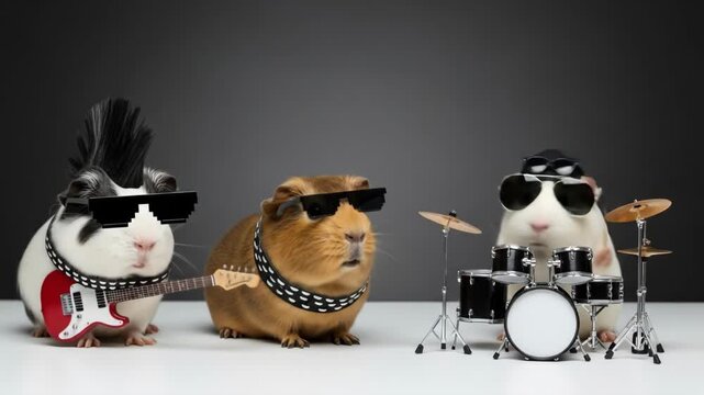 Cool Guinea Pigs Rock Band - Three guinea pigs dressed in rockstar attire; one plays guitar, another drums, and the third plays cymbals.