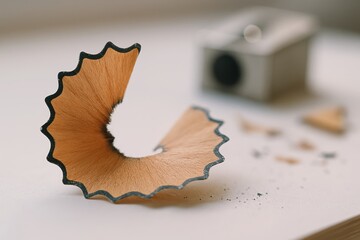 Close-up of curled pencil shaving captured in high detail, representing creativity, drawing tools,...
