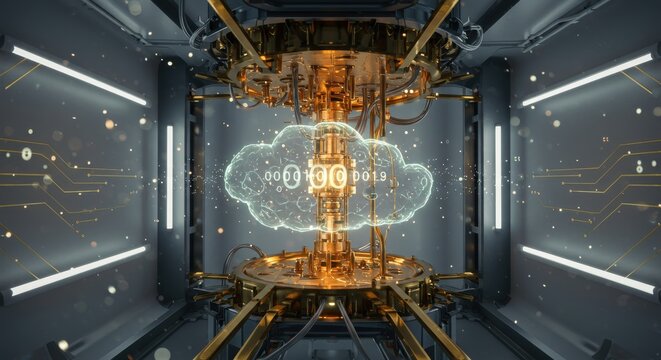 Quantum computer cryostat showing luminous qubit nodes and probability cloud, illustrating breakthrough computing power, cryptography potential and next-gen technology frontier.