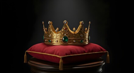 Ornate gold royal crown with emeralds and rubies on a pedestal. Regal symbol of monarchy, authority, and wealth.