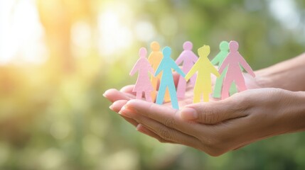 The hands holding colorful paper cutout figures representing unity and community support.