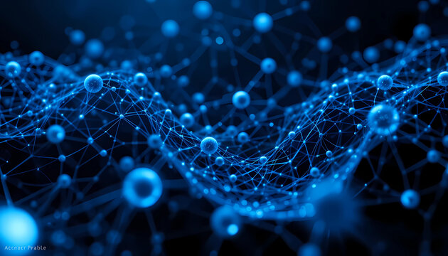 Abstract network of blue spheres connected by lines forming a complex interconnected structure