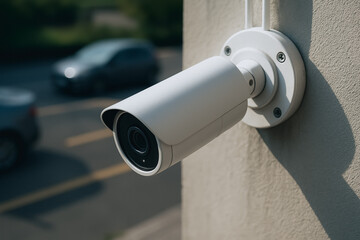 Security Camera Vigilance: A close-up perspective of a modern security camera mounted on a wall, embodying vigilant observation of urban environment, capturing a sense of protection and surveillance.