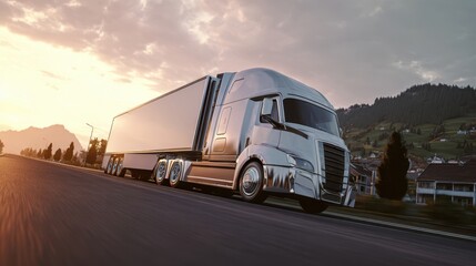 The sleek truck driving along a scenic highway at sunset.