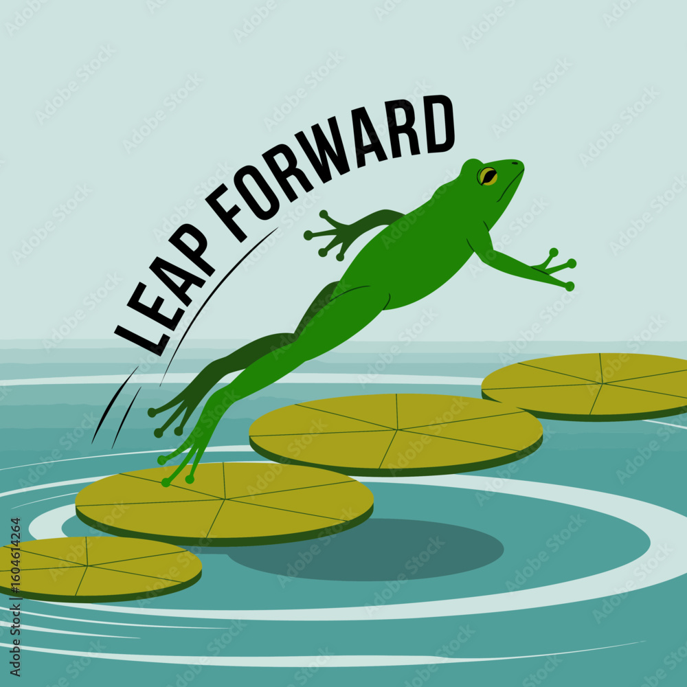 Poster a vibrant green frog leaps energetically from a lily pad symbolizing progress and forward momentum w