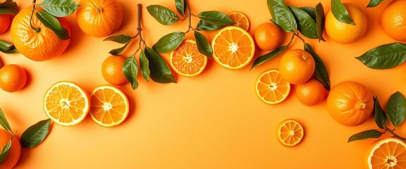 Flat lay of fresh oranges on vibrant orange background, long banner format, nature, healthy