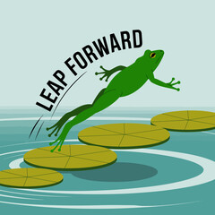 A vibrant green frog leaps energetically from a lily pad symbolizing progress and forward momentum with the words leap forward arching above