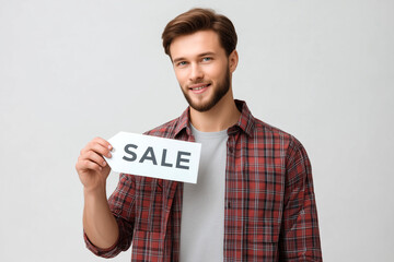 A young man holds a sign with the words "SALE" written in large letters. Shopping, mall, boutique. Promotions on products.