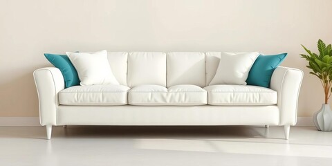 Clean white sofa with teal cushions against a light beige wall,  home decor,  apartment