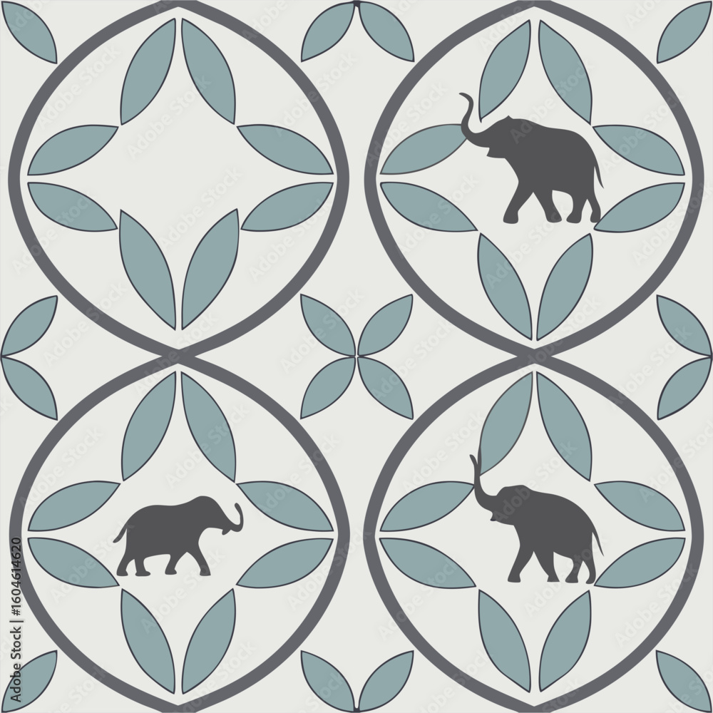 Poster elephant pattern design with circular leaves and floral elements in a seamless repeating tile for te