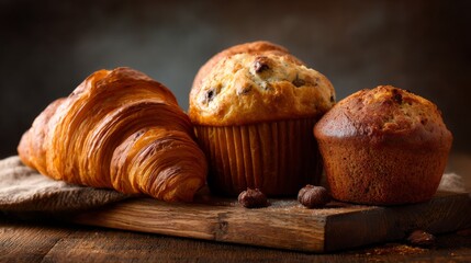 Assorted Fresh Bakery Items Including Croissant, Muffin, and Bread Roll on Rustic Wooden Board