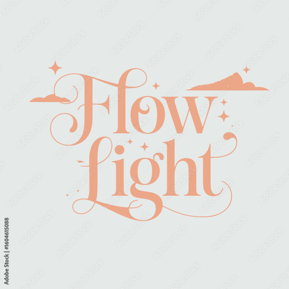 Poster elegant peach script typography featuring the words flow and light with delicate swirls and subtle c