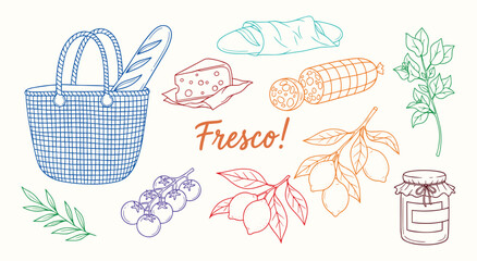 Colorful Italian market "Fresco" vector illustration set. Hand drawn sketch of fresh food like bread, cheese, salami, tomatoes, and lemons for grocery, menu, and cooking design.