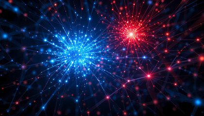 Naklejka premium Abstract representation of interconnected blue and red neural networks on a dark background