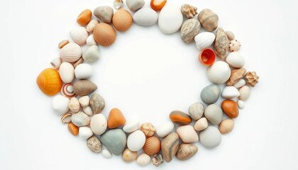 Circular frame of assorted seashells and smooth sea stones on white,  circle,   object
