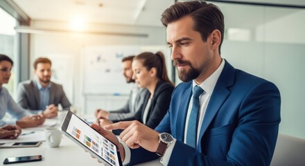 A man in a suit using a tablet in a conference room with colleagues.