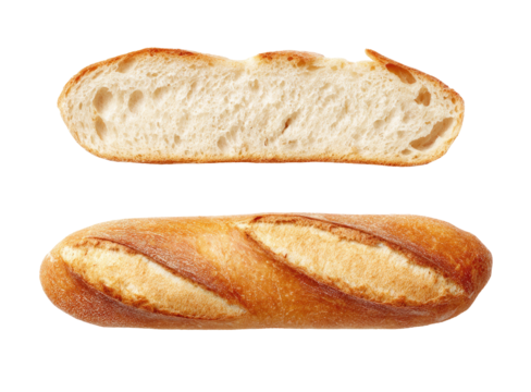 High-angle, close-up view of a sliced baguette