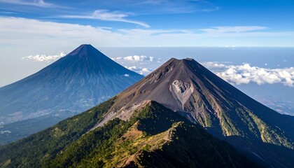 Two majestic volcanoes rise above a landscape of lush greenery
